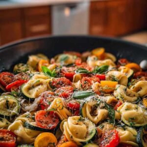 Tortellini au fromage aux légumes d'été colorés dans une grande poêle