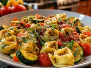 Tortellini colorés aux légumes d'été dans une poêle