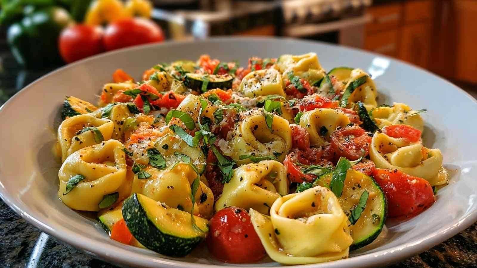 Tortellini colorés aux légumes d'été dans une poêle