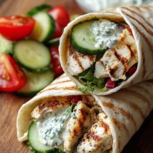 Wraps de Poulet Tzatziki 3 Délicieux wraps de poulet tzatziki avec salade fraîche de concombre et tomate
