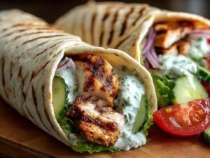 Wraps de poulet tzatziki avec salade de concombre et tomate sur assiette