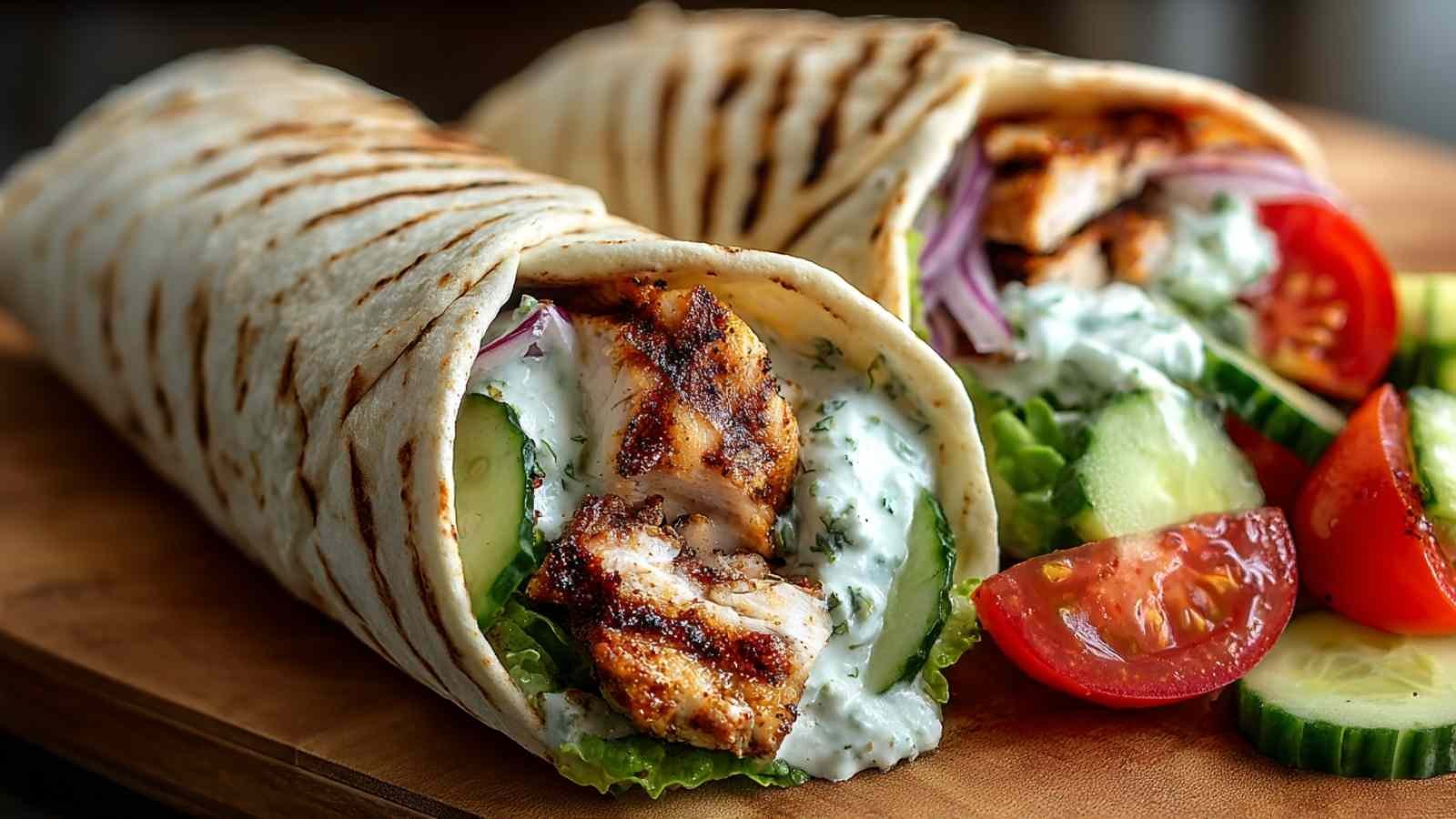 Wraps de poulet tzatziki avec salade de concombre et tomate sur assiette