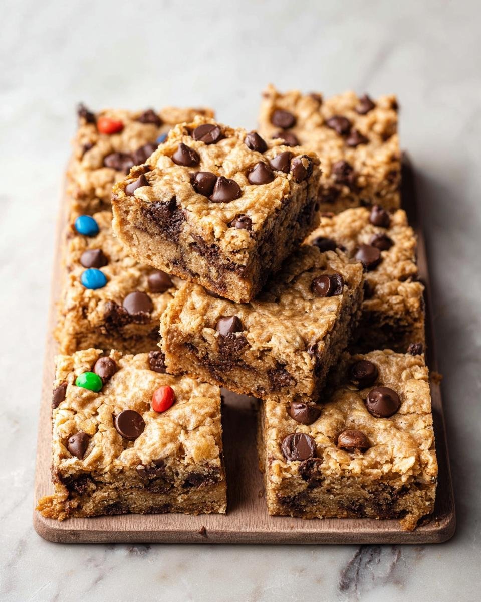 Oatmeal Chocolate Chip Bars : 15 min de bonheur 2 Gros plan de barres aux flocons d'avoine et pépites de chocolat, garnies de pépites de chocolat et de bonbons colorés.