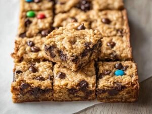 Gros plan sur des barres aux flocons d'avoine et pépites de chocolat, garnies de bonbons colorés.