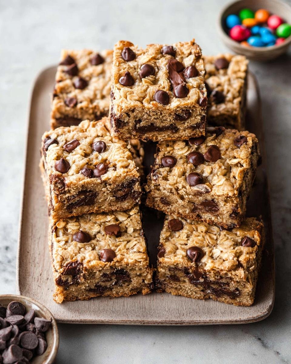 Oatmeal Chocolate Chip Bars : 15 min de bonheur 3 Pile de barres aux pépites de chocolat et flocons d'avoine, garnies de pépites de chocolat fondu.