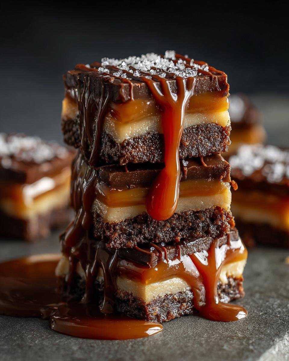 Barres au Caramel et Chocolat : 1 recette réconfortante 3 Gros plan de barres au caramel et chocolat empilées, nappées de sauce caramel et saupoudrées de sel de mer.