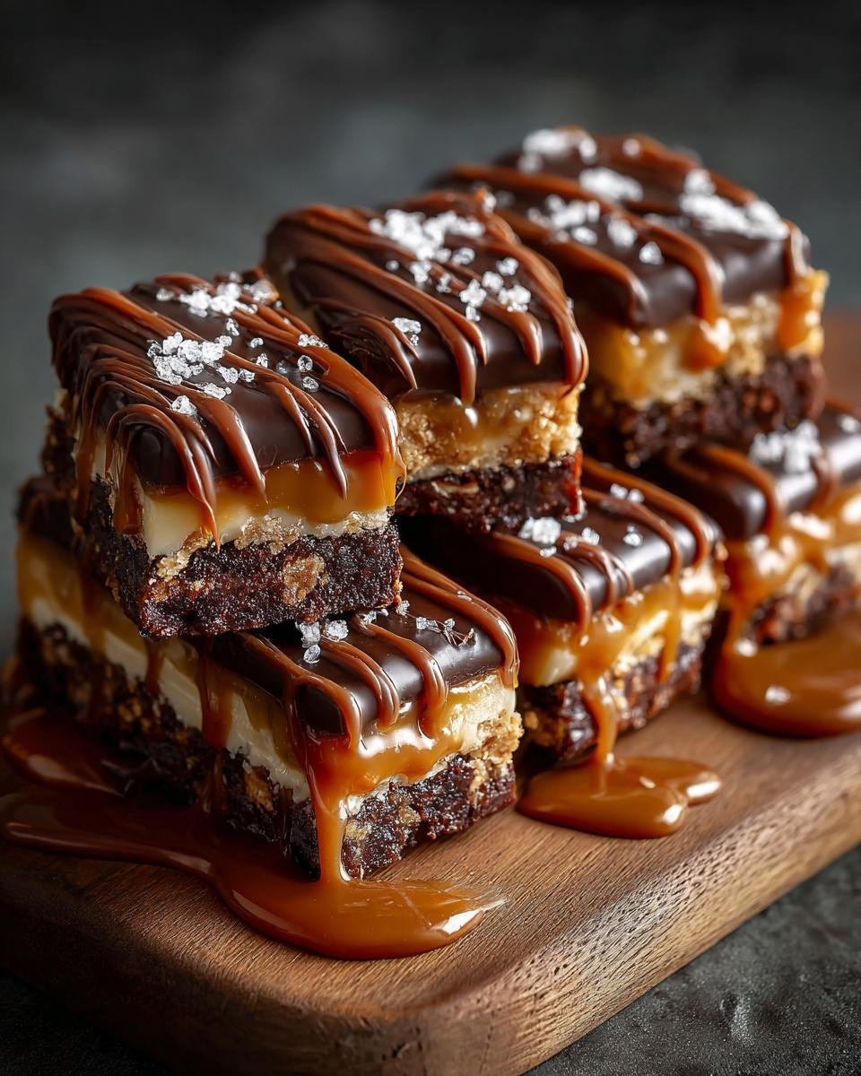 Barres au Caramel et Chocolat : 1 recette réconfortante 4 Gros plan de barres au caramel et chocolat empilées, garnies de sel de mer.