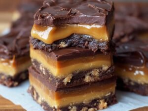 Gros plan de barres au caramel et chocolat facile empilées, montrant les couches de brownie, caramel et chocolat.