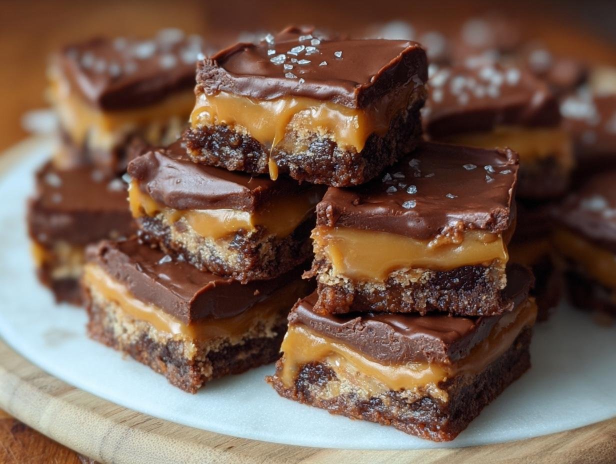 Barres Caramel Chocolat Facile : 1 délice irrésistible 1 Gros plan de barres au caramel et chocolat facile, garnies de sel de mer, empilées sur une assiette.