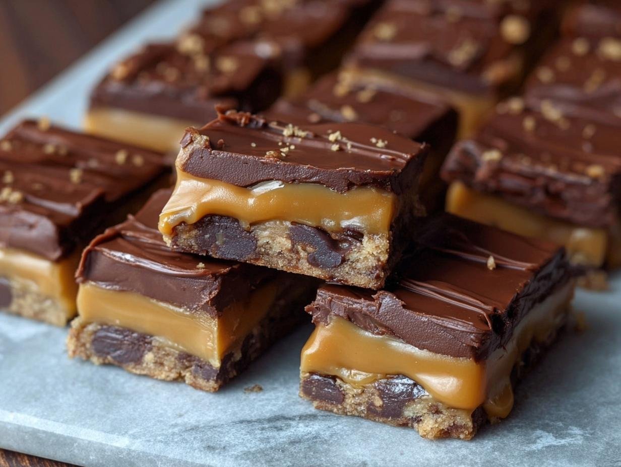 Barres Caramel Chocolat Facile : 1 délice irrésistible 4 Gros plan sur des barres au caramel et chocolat facile, montrant la couche de caramel coulante et le glaçage au chocolat.