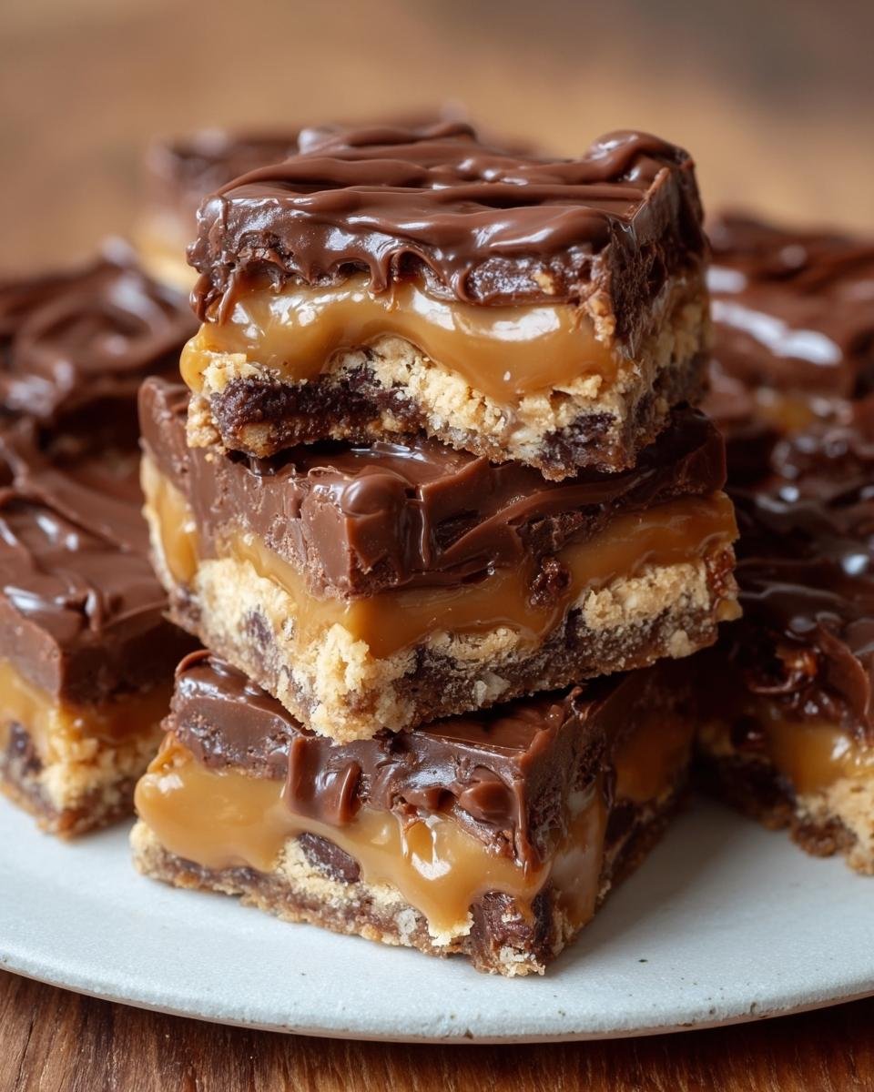 Barres Caramel Chocolat Facile : 1 délice irrésistible 3 Gros plan sur des barres au caramel et chocolat facile, empilées, avec une base biscuitée et une généreuse couche de caramel coulant.