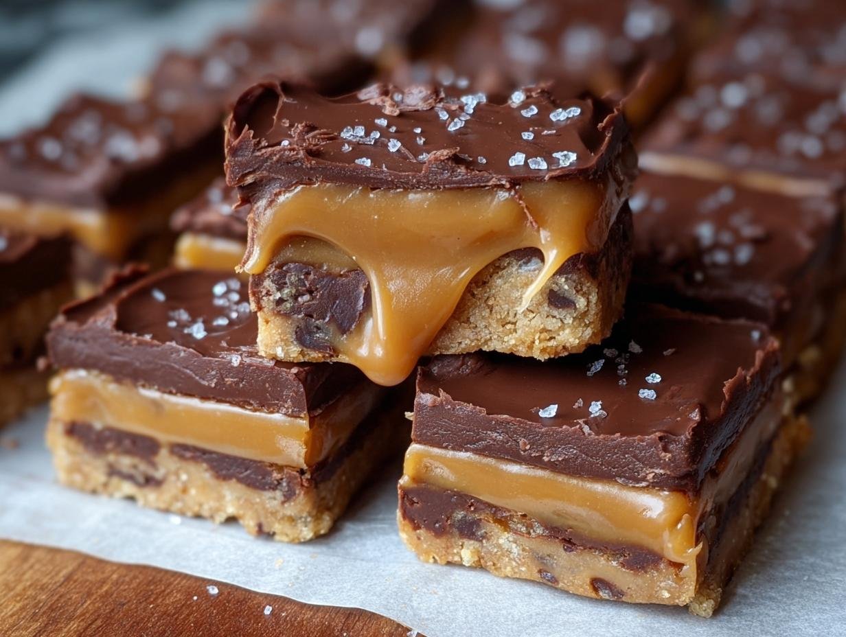 Barres Caramel Chocolat Facile : 1 délice irrésistible 2 Gros plan sur des barres au caramel et chocolat facile, avec le caramel coulant et une pincée de sel de mer.