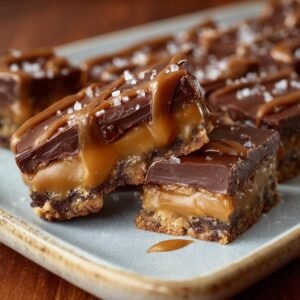 Gros plan sur des barres au caramel et chocolat facile, garnies de sel de mer.