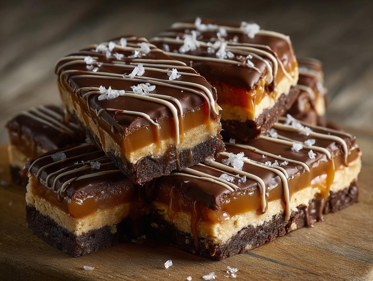 Barres au Caramel et Chocolat : 1 recette réconfortante 1 Gros plan de barres au caramel et chocolat empilées, garnies de sel de mer et de glaçage blanc.