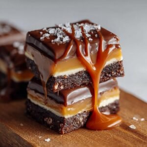 Gros plan sur des barres au caramel et chocolat empilées, nappées de caramel coulant et saupoudrées de sel de mer.