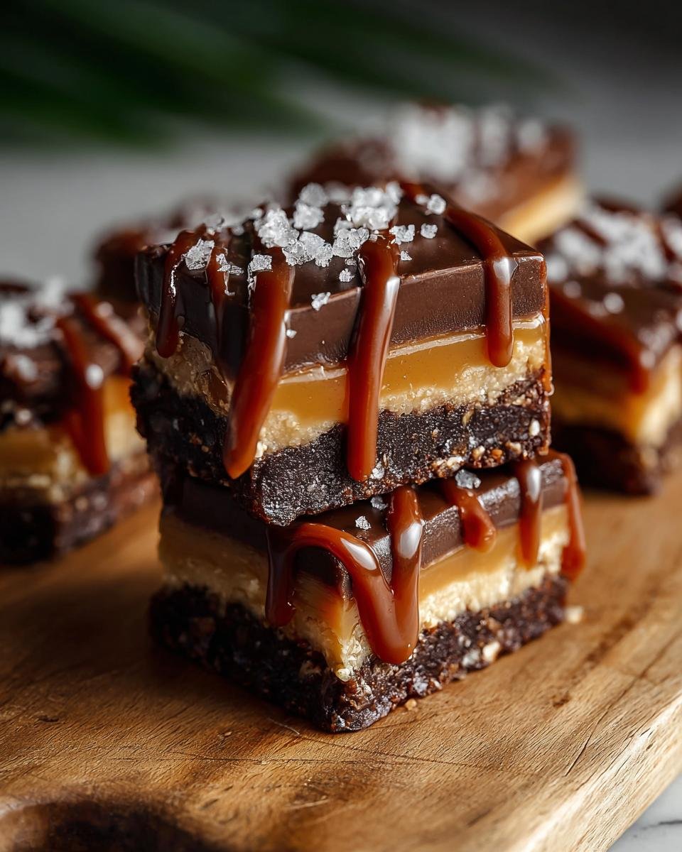 Barres au Caramel et Chocolat : 1 recette réconfortante 2 Gros plan de barres au caramel et chocolat empilées, garnies de caramel coulant et de gros sel.