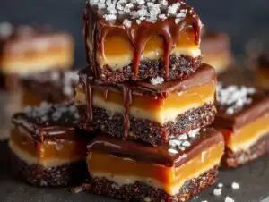 Gros plan de barres au caramel et chocolat empilées, garnies de sel de mer.