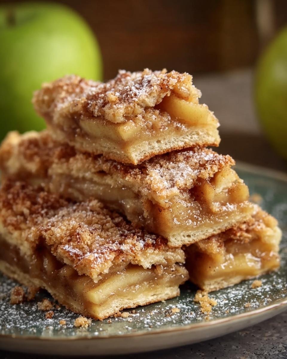 Gros plan de barres croustillantes aux pommes empilées, saupoudrées de sucre glace.