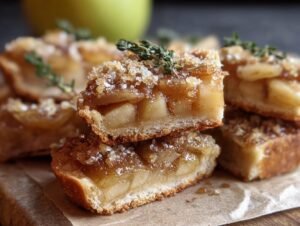 Gros plan de barres croustillantes aux pommes garnies de sucre et de thym frais.