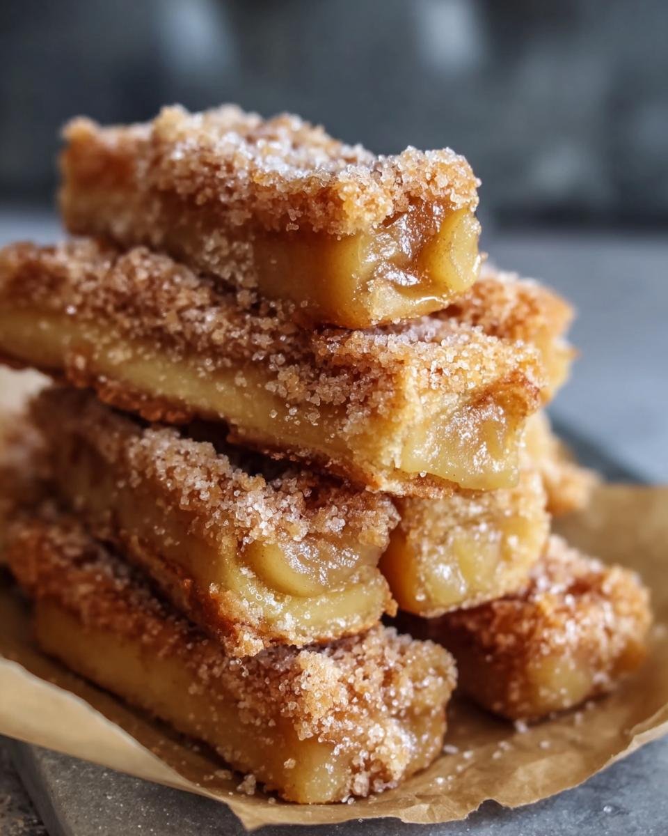 Gros plan de barres croustillantes aux pommes garnies de sucre et de cannelle, empilées sur du papier sulfurisé.