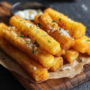 Gros plan sur des bâtonnets de pommes de terre au fromage croustillants, saupoudrés de sel et de persil, servis sur du papier sulfurisé.
