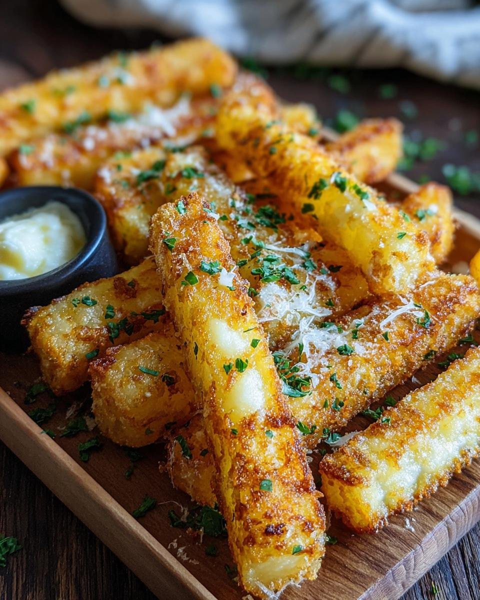Bâtonnets de pommes de terre au fromage : délice 20 min 1 Gros plan sur des bâtonnets de pommes de terre au fromage dorés et croustillants, saupoudrés de persil et de parmesan.