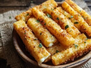 Gros plan sur des bâtonnets de pommes de terre au fromage croustillants, garnis de persil frais, dans un bol en bois.