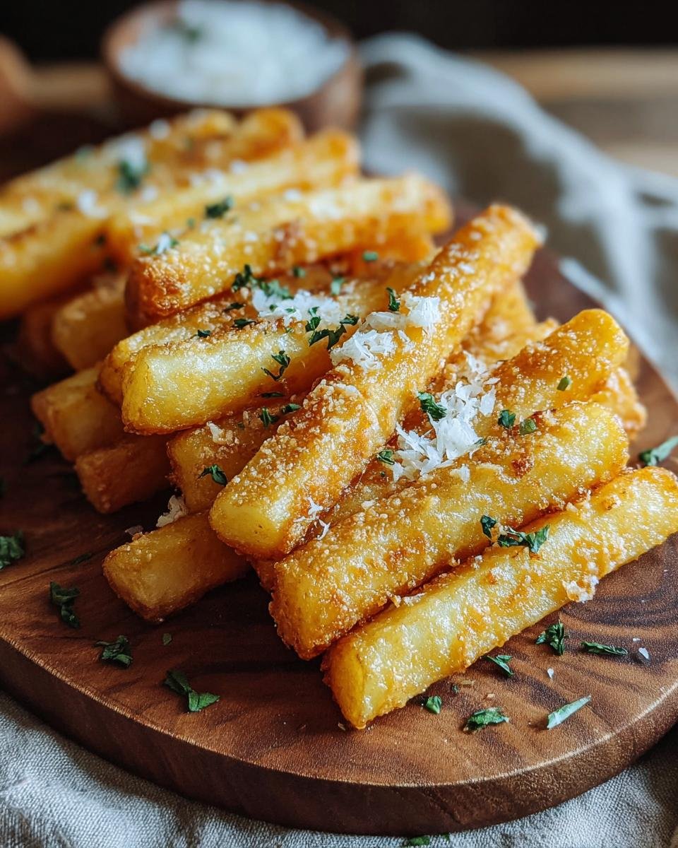 Bâtonnets de pommes de terre au fromage : délice 20 min 2 Gros plan sur des bâtonnets de pommes de terre au fromage dorés, garnis de persil frais et de parmesan râpé.