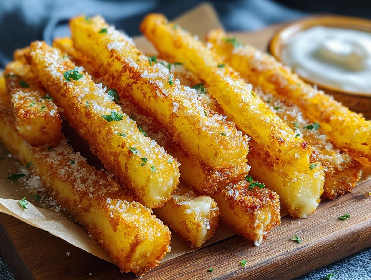 Bâtonnets de pommes de terre au fromage : délice 20 min 3 Gros plan sur des bâtonnets de pommes de terre au fromage croustillants et dorés, saupoudrés de persil frais.