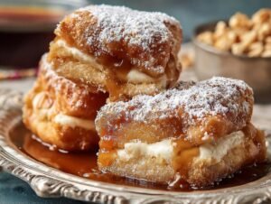 Gros plan de beignets gâteau entonnoir empilés, garnis de sucre glace et de sauce caramel.