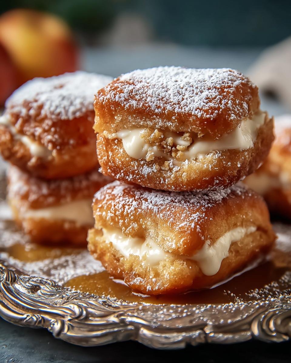 Gros plan sur des beignets gâteau entonnoir empilés, saupoudrés de sucre glace et garnis de crème.