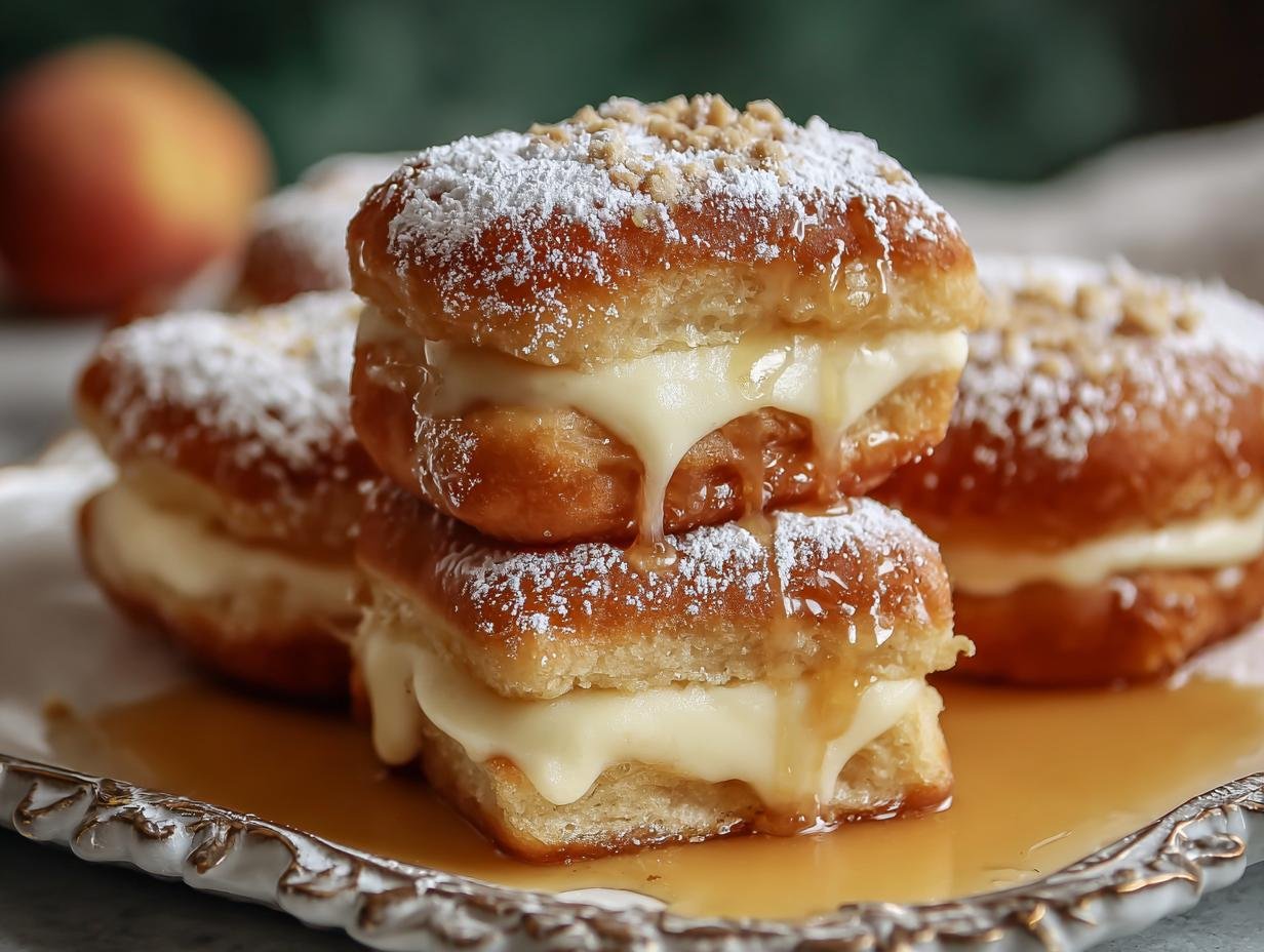 Gros plan sur des beignets gâteau entonnoir empilés, garnis de crème pâtissière, de sucre glace et d'un coulis ambré.