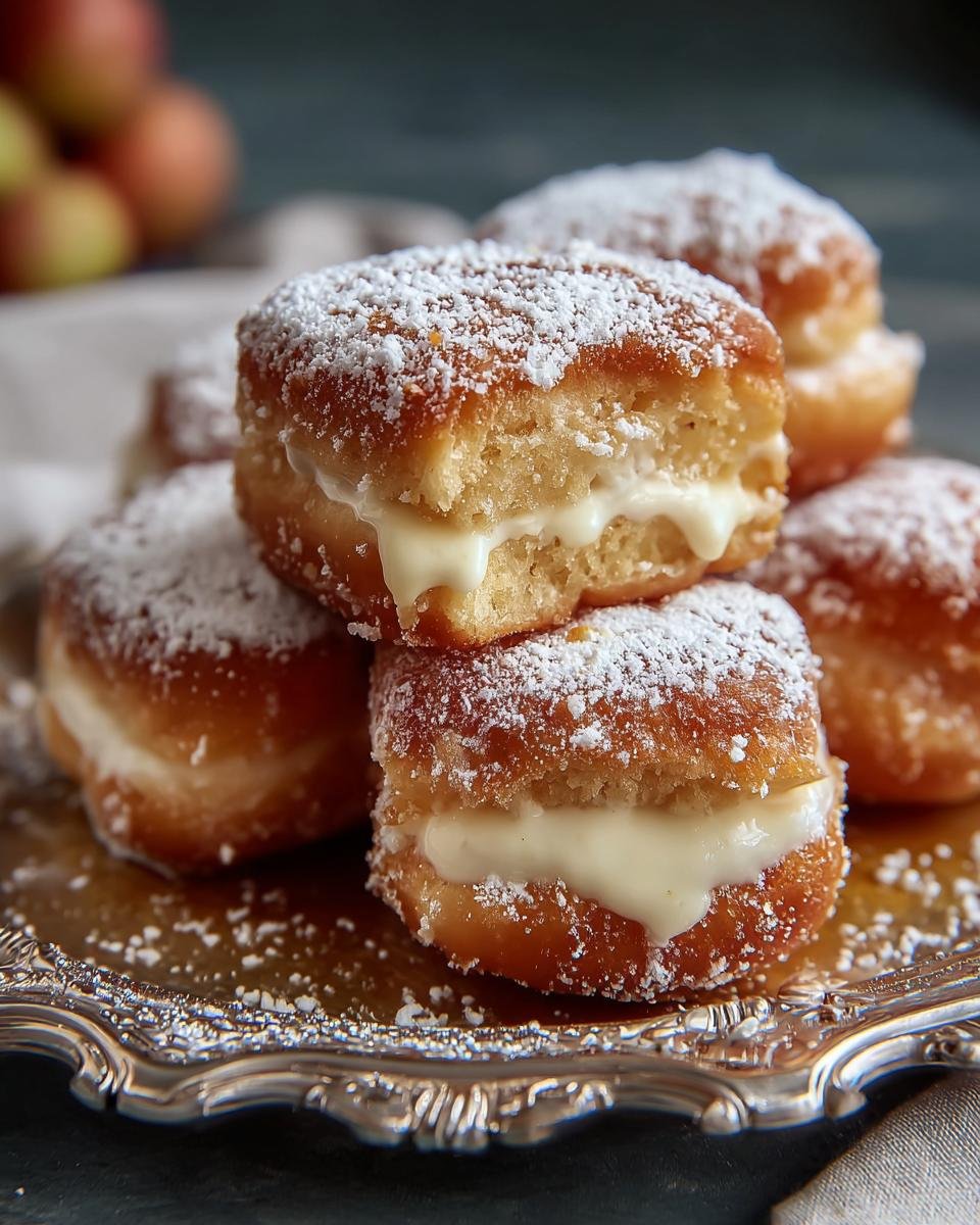Gros plan sur des beignets gâteau entonnoir carrés, fourrés d'une crème blanche et saupoudrés de sucre glace.