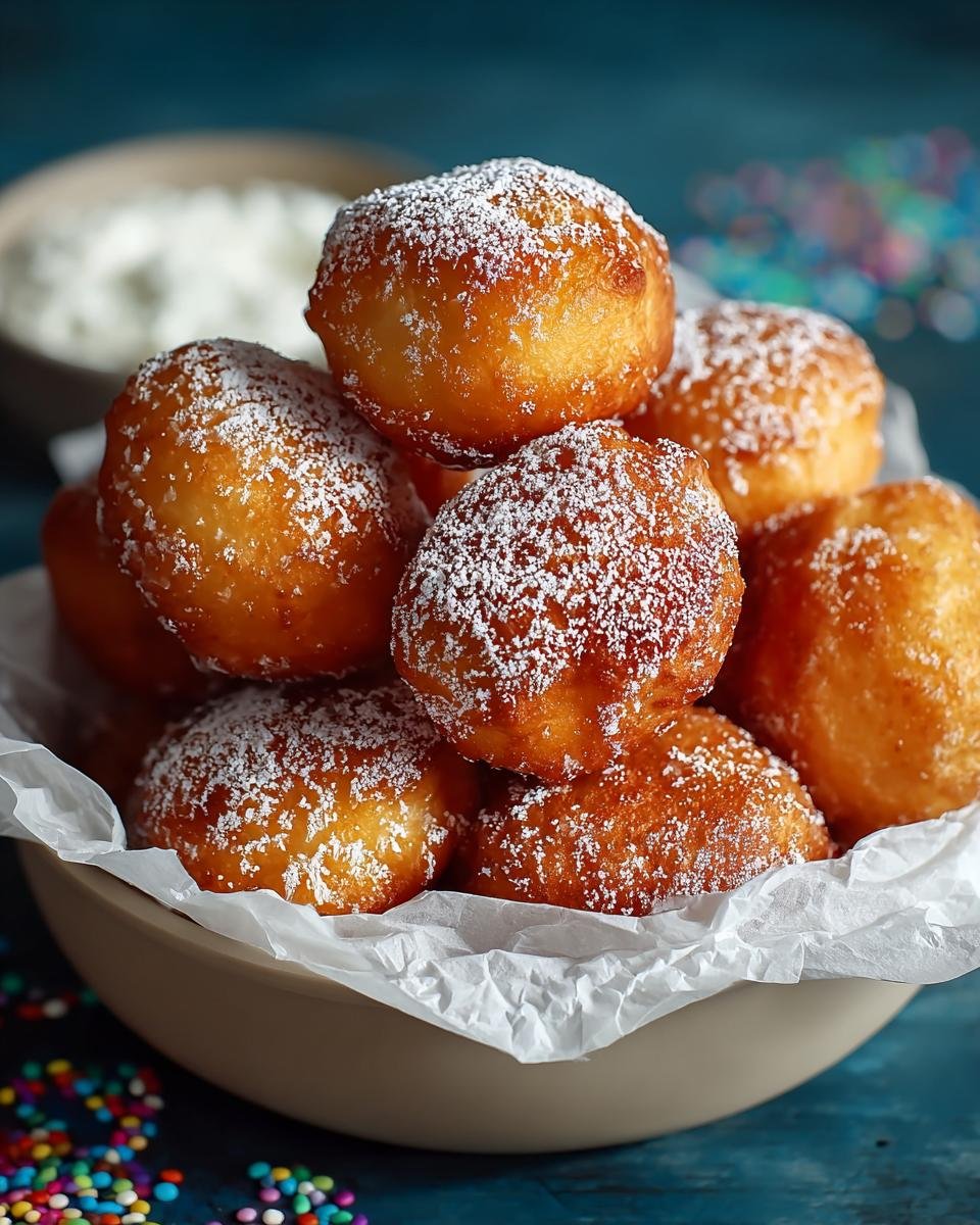 Beignets gâteau entonnoir faciles: 1 délice festif 1 Gros plan d'une pile de beignets gâteau entonnoir faciles saupoudrés de sucre glace dans un bol.