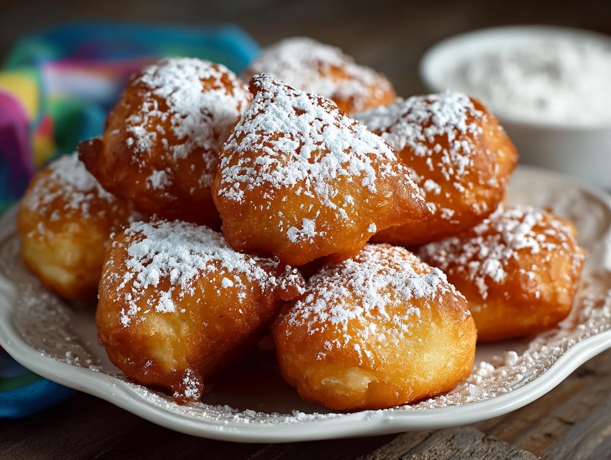 Beignets gâteau entonnoir faciles: 1 délice festif 2 Gros plan d'une pile de beignets gâteau entonnoir faciles saupoudrés de sucre glace sur une assiette.
