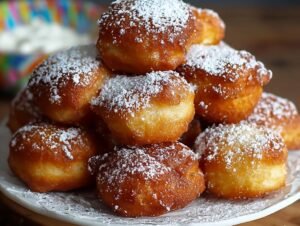 Gros plan d'une pile de beignets gâteau entonnoir faciles saupoudrés de sucre glace sur une assiette blanche.