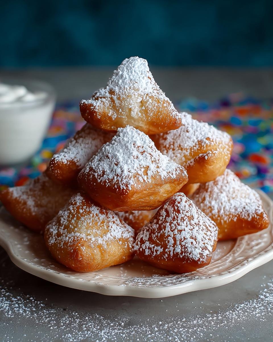Beignets gâteau entonnoir faciles: 1 délice festif 3 Pile de beignets gâteau entonnoir faciles saupoudrés de sucre glace sur une assiette.