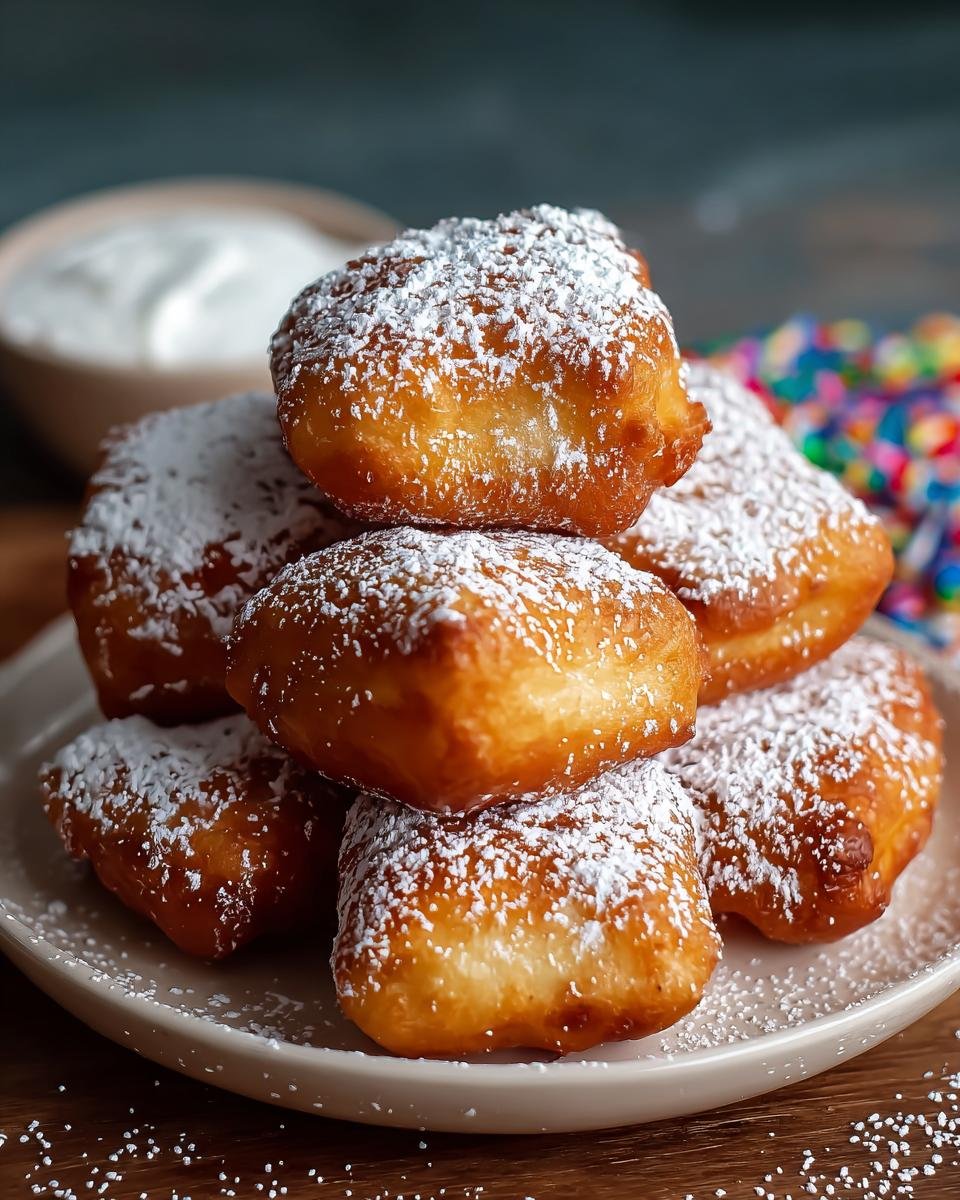 Beignets gâteau entonnoir faciles: 1 délice festif 4 Gros plan d'une pile de beignets gâteau entonnoir faciles, saupoudrés généreusement de sucre glace.
