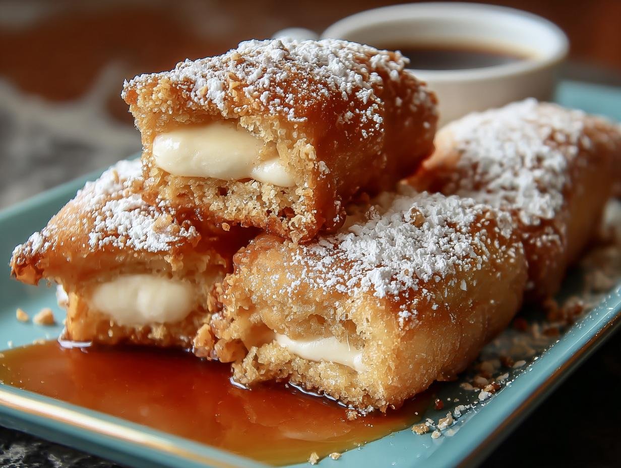 Gros plan sur des beignets gâteau entonnoir dorés et croustillants, saupoudrés de sucre glace et fourrés d'une crème onctueuse.