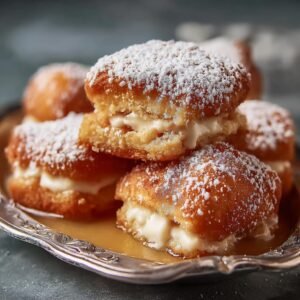 Gros plan sur des beignets gâteau entonnoir empilés, garnis de crème et saupoudrés de sucre glace.
