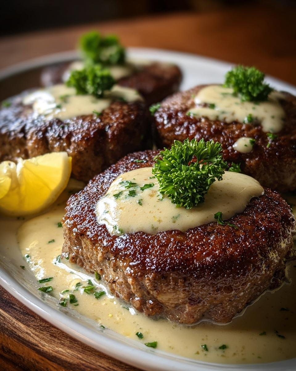 Gros plan sur des biftecks hachés Amish au four, nappés de sauce crémeuse et garnit de persil frais.