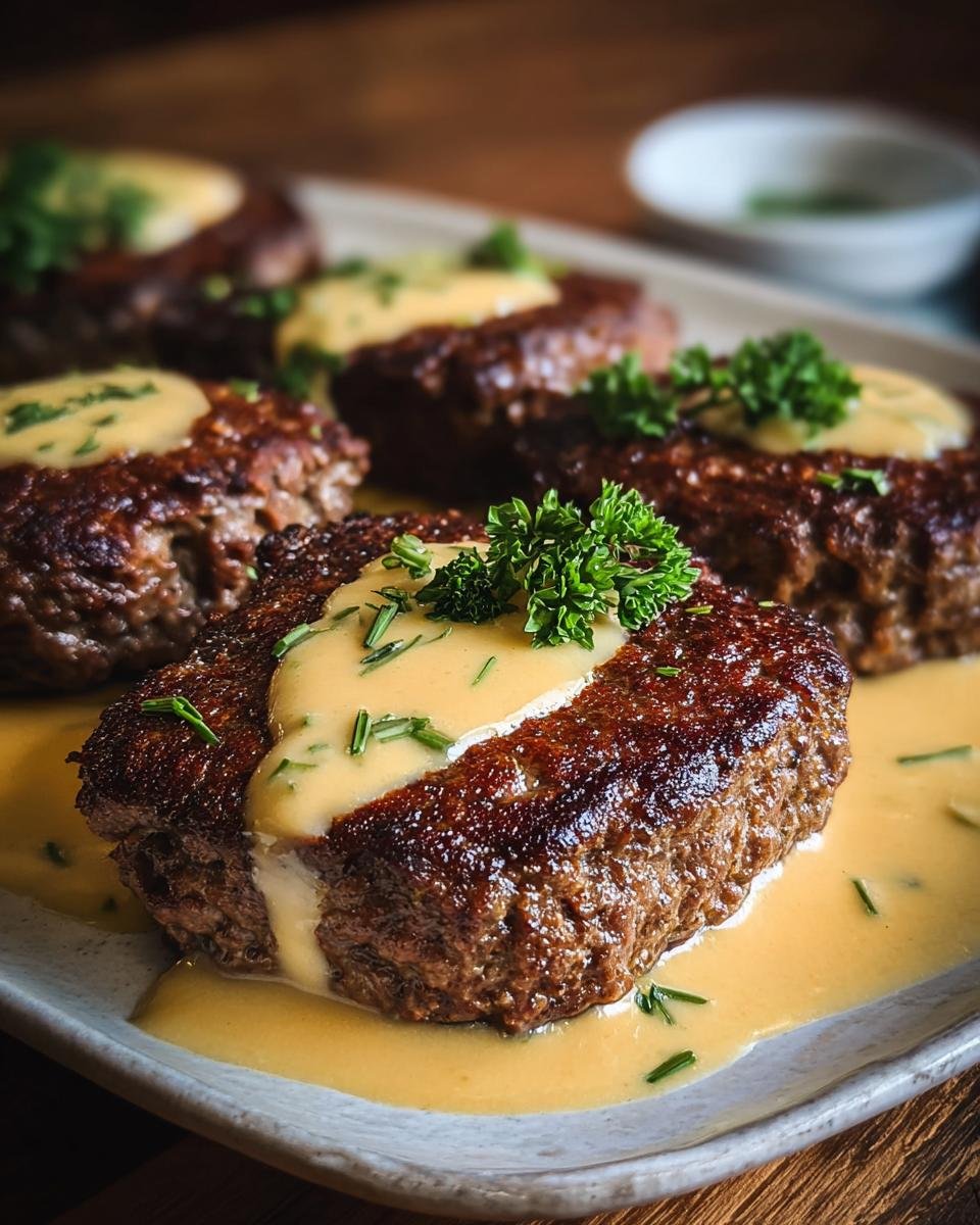 Gros plan sur un Bifteck Haché Amish au Four servi avec une sauce crémeuse et garni de persil frais.