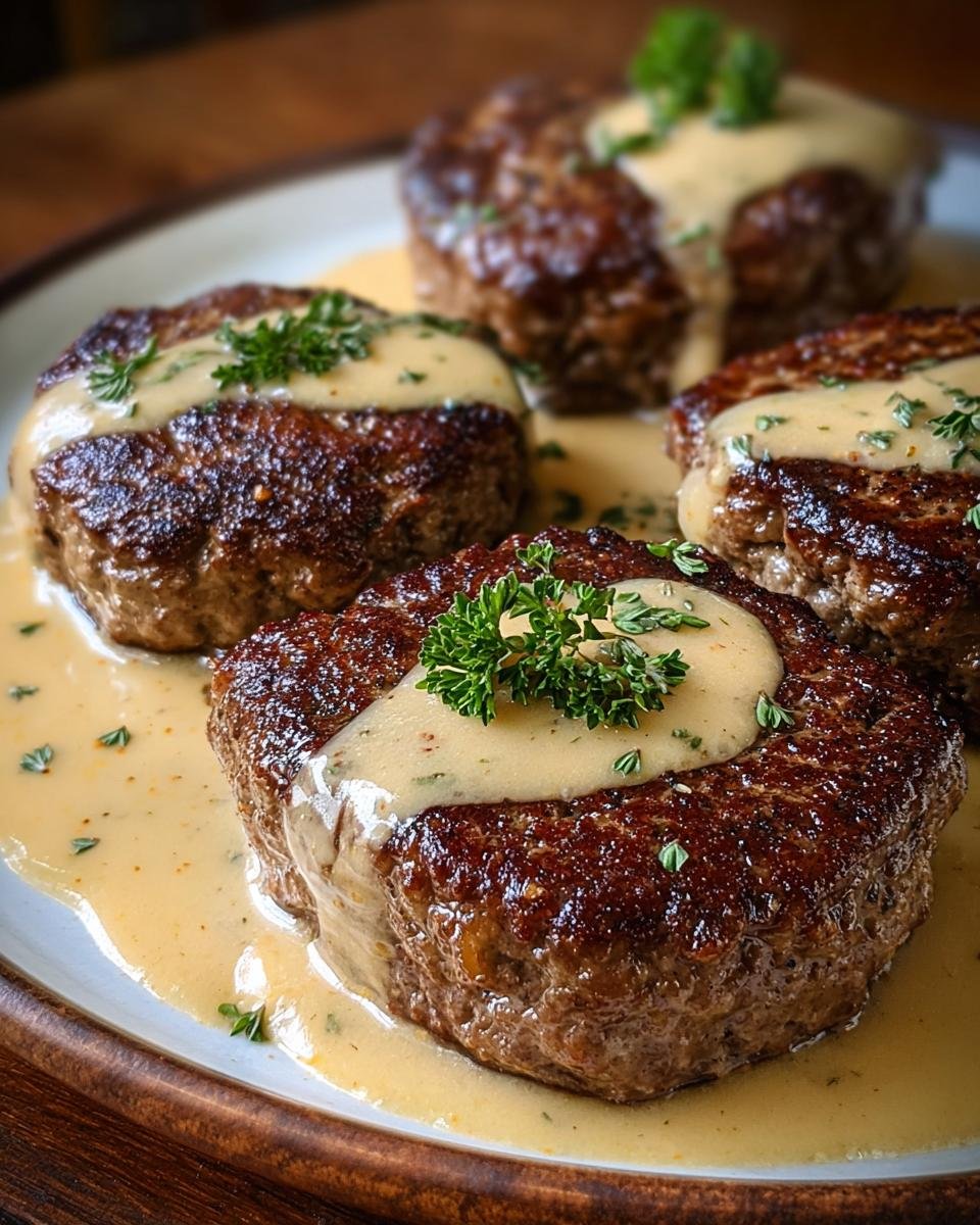 Quatre biftecks hachés Amish au four, nappés de sauce crémeuse et garnie de persil frais.