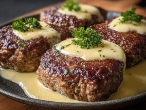 Gros plan de bifteck haché Amish au four, nappé de sauce crémeuse et garni de persil frais.