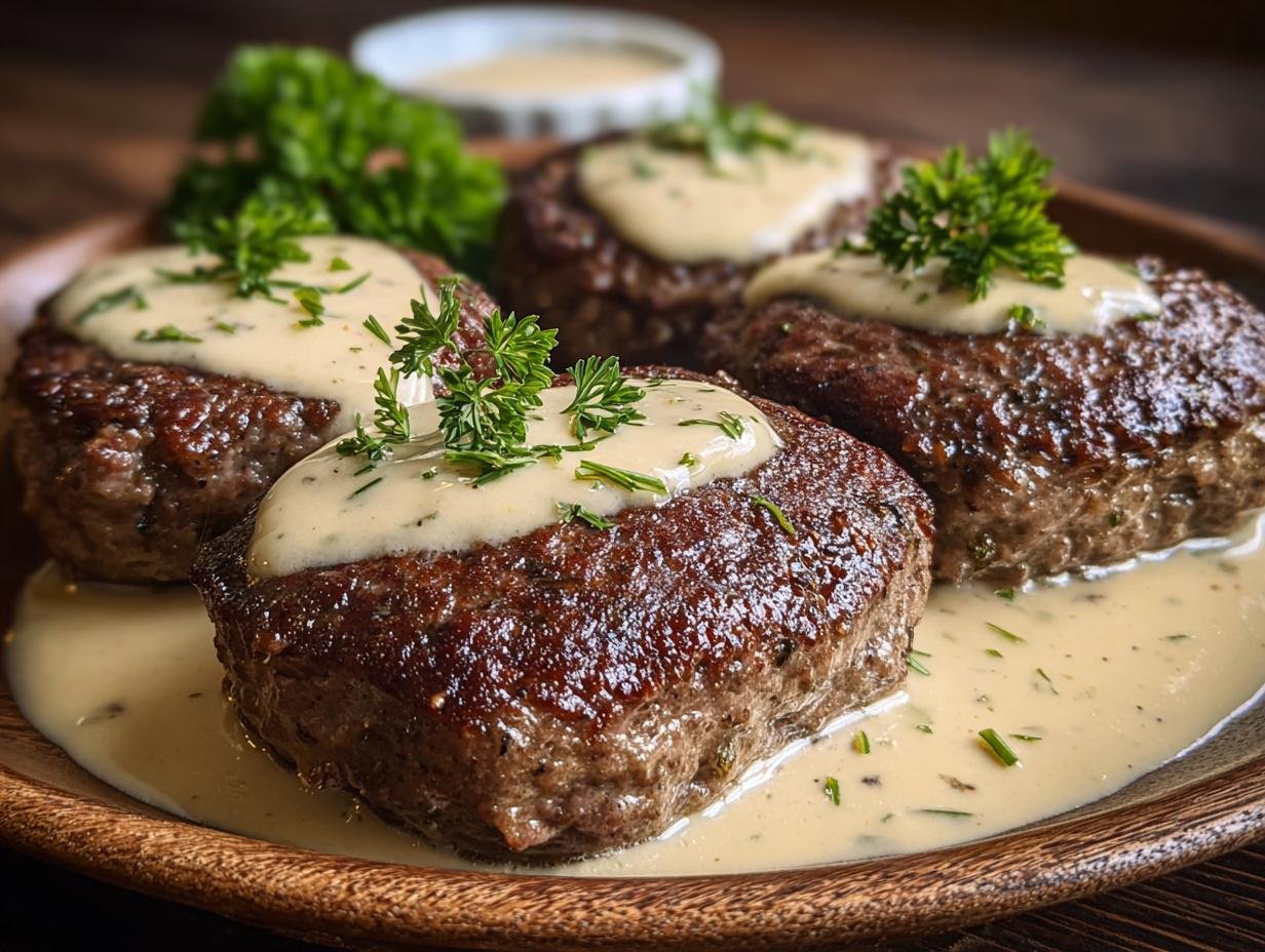 Quatre biftecks hachés Amish au four, nappés de sauce crémeuse et garnie de persil frais.