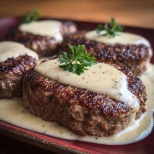 Gros plan sur un bifteck haché Amish au four nappé de sauce crémeuse et garni de persil.
