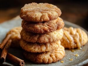Gros plan d'une pile de biscuits au cidre de pomme recouverts de sucre et de cannelle, avec des bâtons de cannelle à côté.