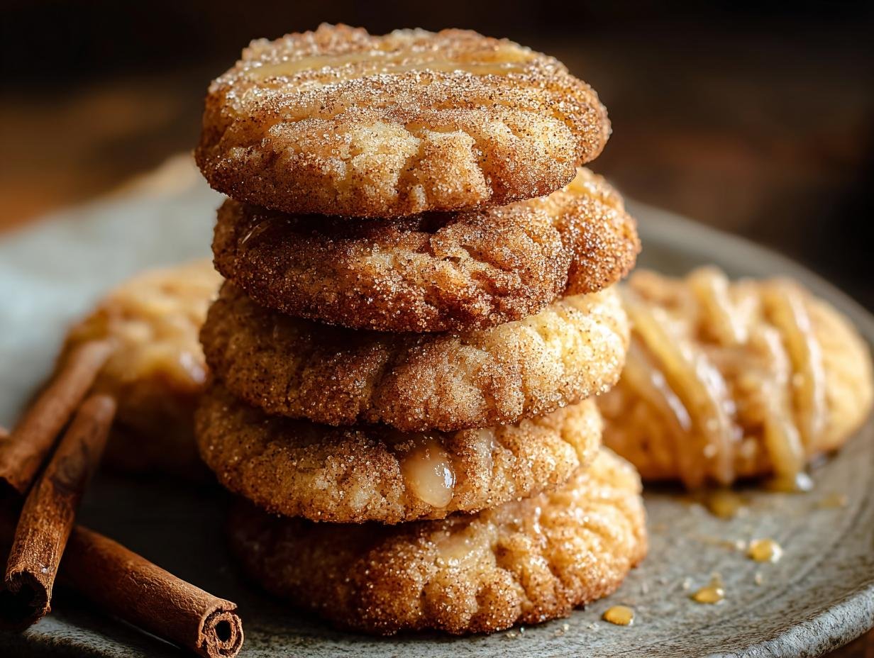 Gros plan d'une pile de biscuits au cidre de pomme recouverts de sucre et de cannelle, avec des bâtons de cannelle à côté.
