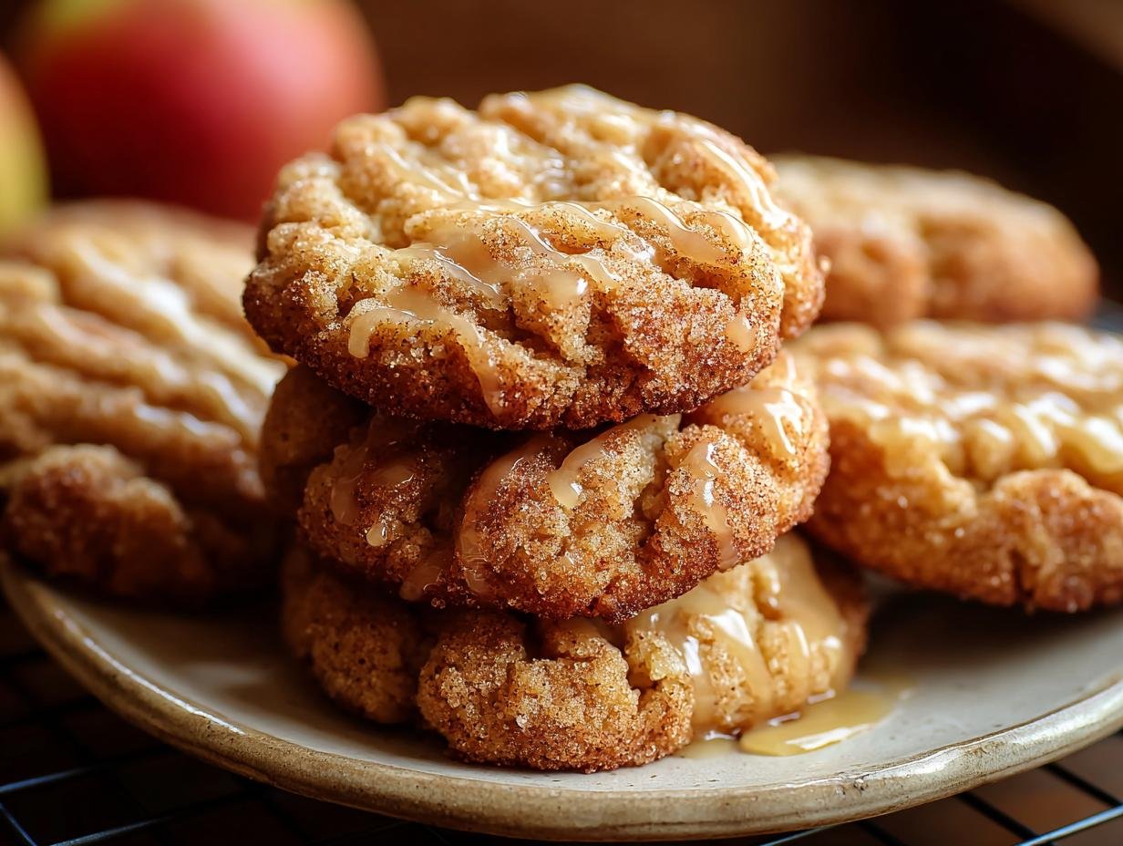 Gros plan de biscuits au cidre de pomme empilés, arrosés d'un glaçage crémeux et saupoudrés de cannelle.