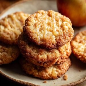 Pile de biscuits au cidre de pomme saupoudrés de sucre et de cannelle, avec un filet de glaçage.